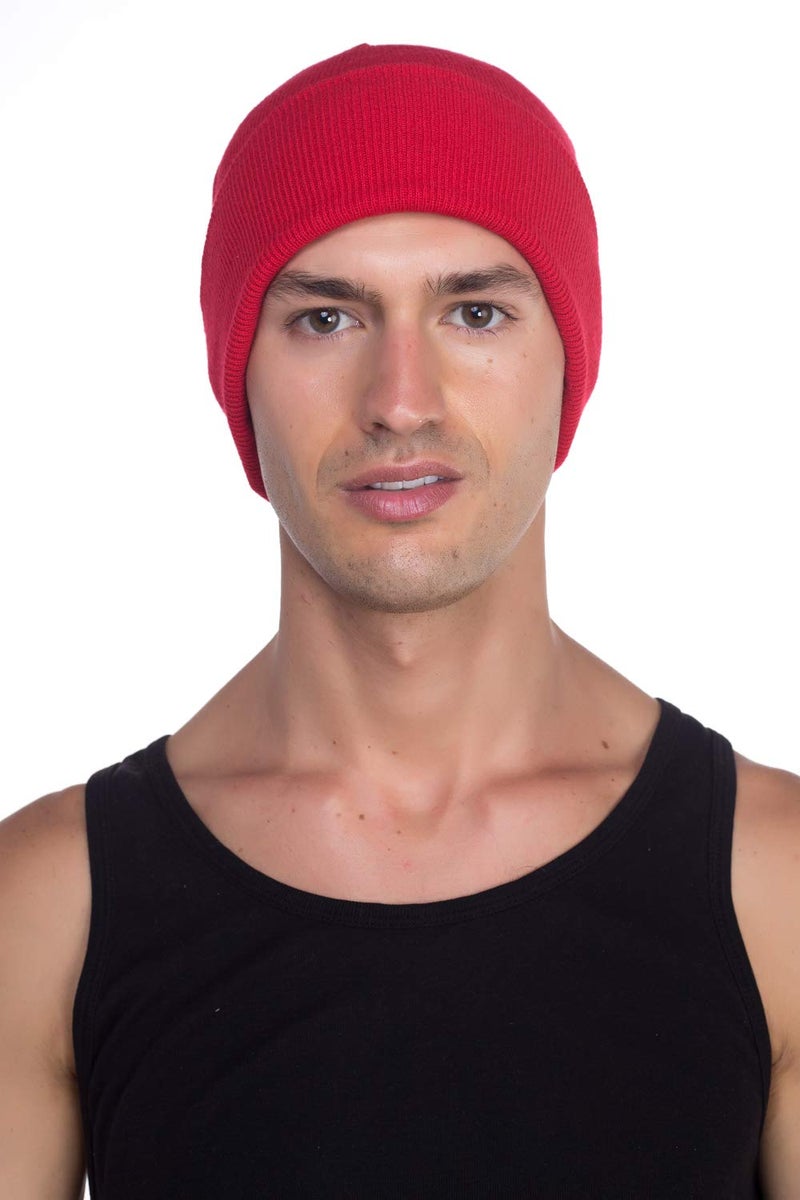 Top Level Beanie Men Women - Unisex Cuffed Plain Skull Knit Hat Cap, Red - Image 4